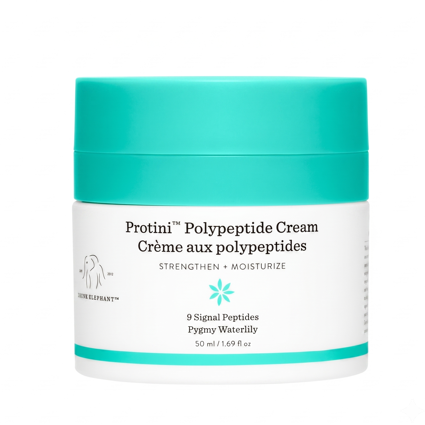 A white cosmetic jar of Dr. Brandt Protini Polypeptide Cream with a bright teal lid and teal accents on the label, set against a plain white background.