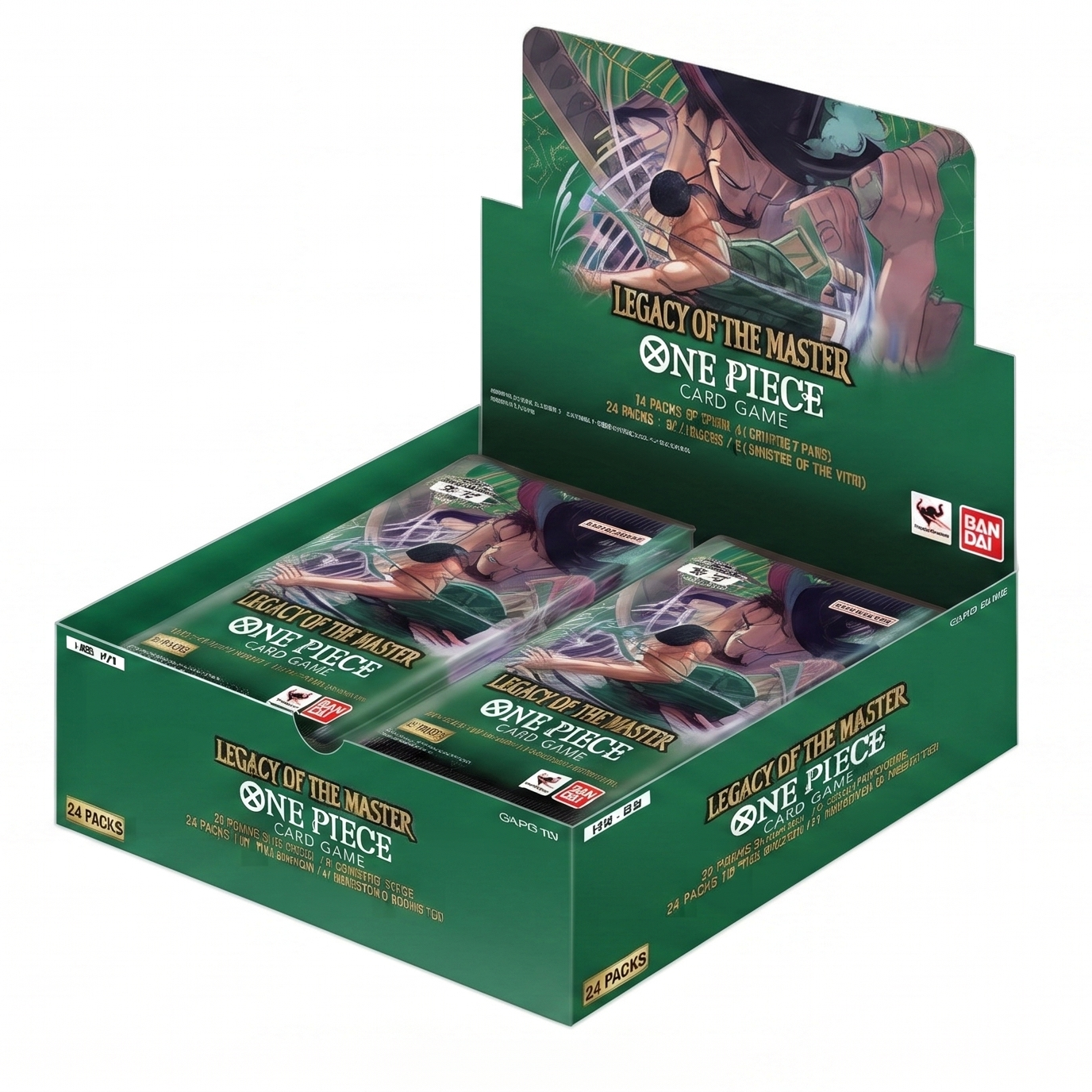 A green One Piece trading card display box containing multiple booster packs, shown on a plain white background.